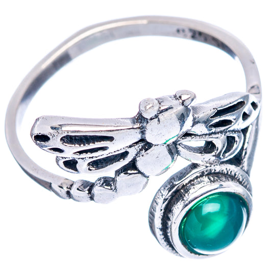 Sterling silver dragonfly ring with green round cabochon and side filigree setting