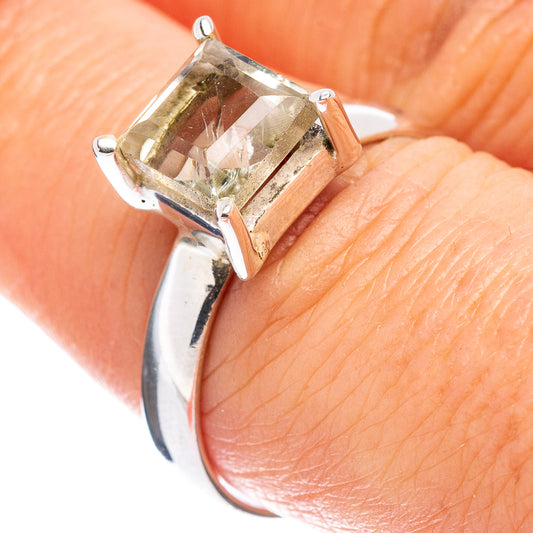 Sterling silver ring with green faceted square gemstone, size 8.25