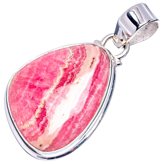 Oval rhodochrosite pendant in .925 sterling silver bezel, pink and white striped stone