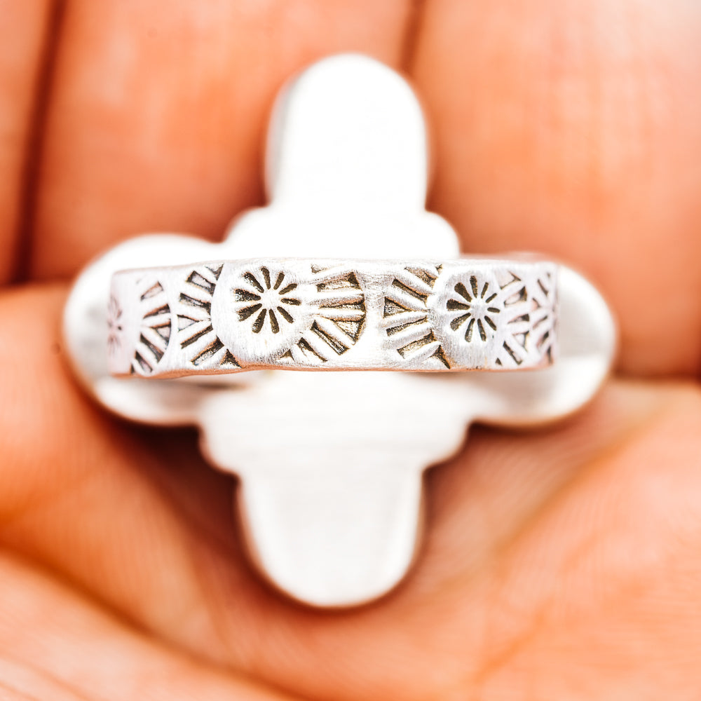 Sterling silver cross ring with engraved southwestern pattern band