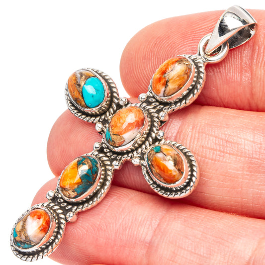 Spiny Oyster Turquoise Cross Pendant 2" (925 Sterling Silver) P43099