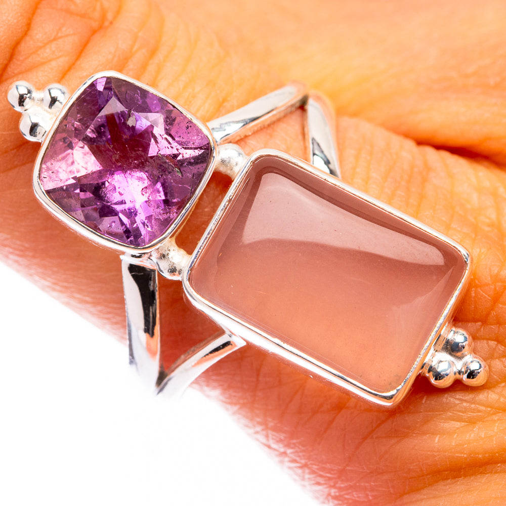 Sterling silver gemstone ring with purple amethyst and pink rose quartz stones