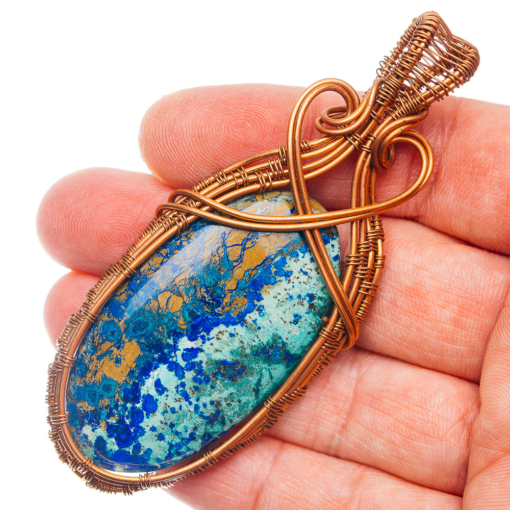 Blue Bird Azurite Wire Wrap Pendant 3 1/4" (Copper)