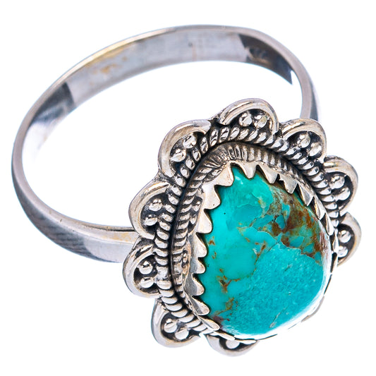 Turquoise cabochon oval sterling silver ring, openwork detail, size 7.25