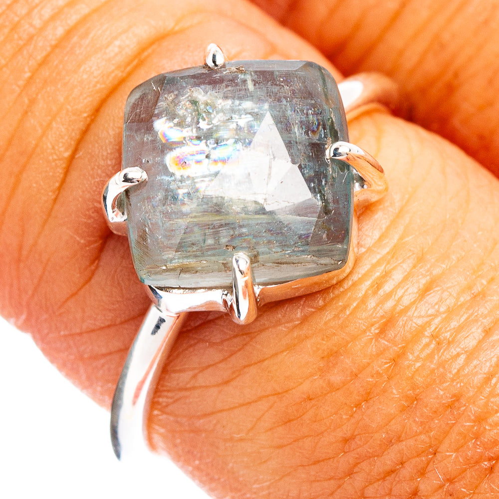 Faceted aquamarine sterling silver ring with square-cut gemstone, size 8
