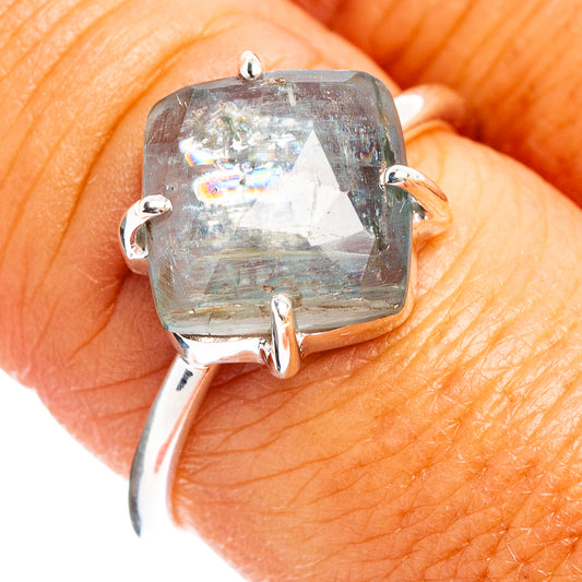 Faceted aquamarine sterling silver ring with square-cut gemstone, size 8