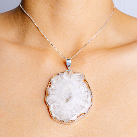 Large solar quartz pendant in .925 sterling silver, round druzy crystal with bail