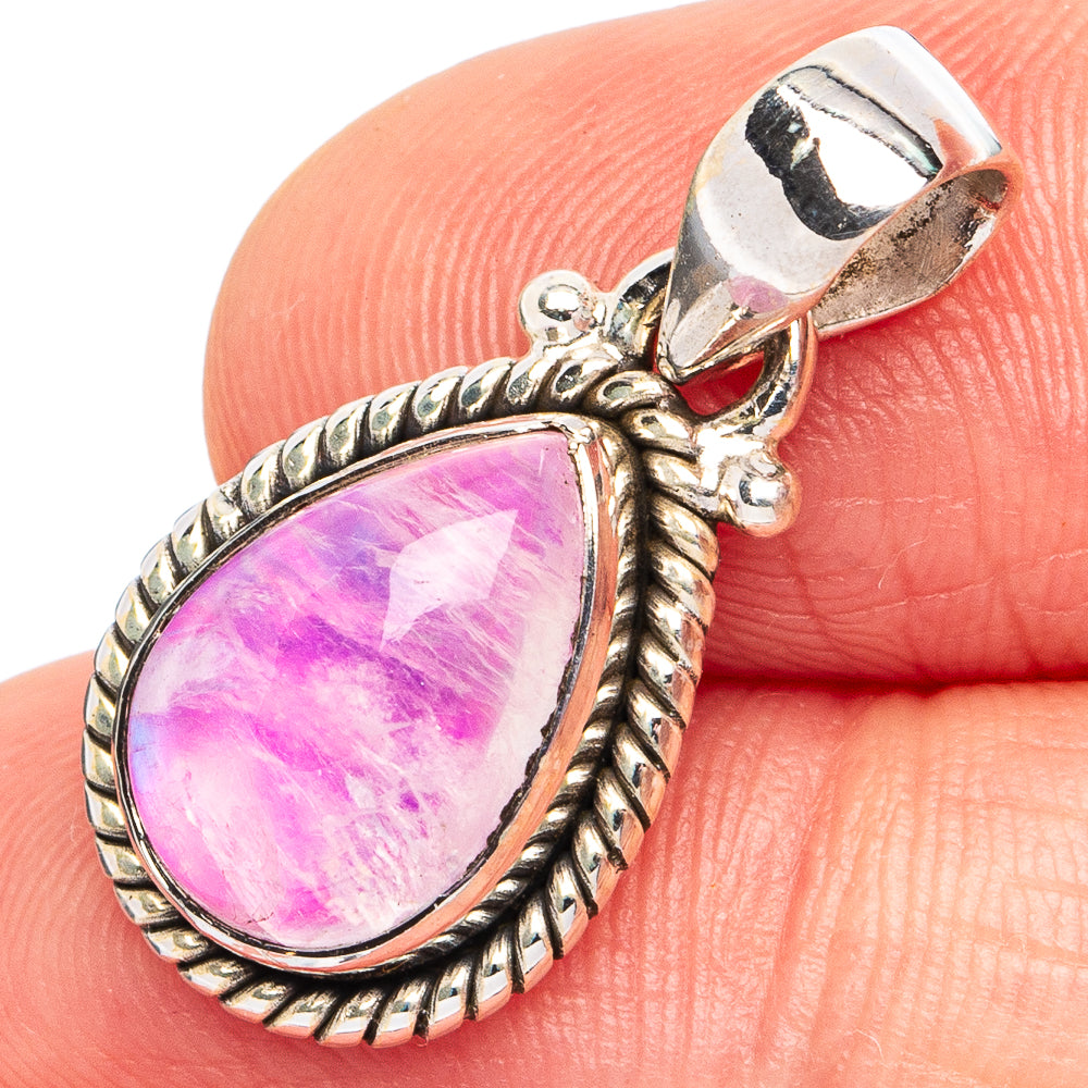 Pink moonstone teardrop pendant, polished 925 sterling silver rope bezel