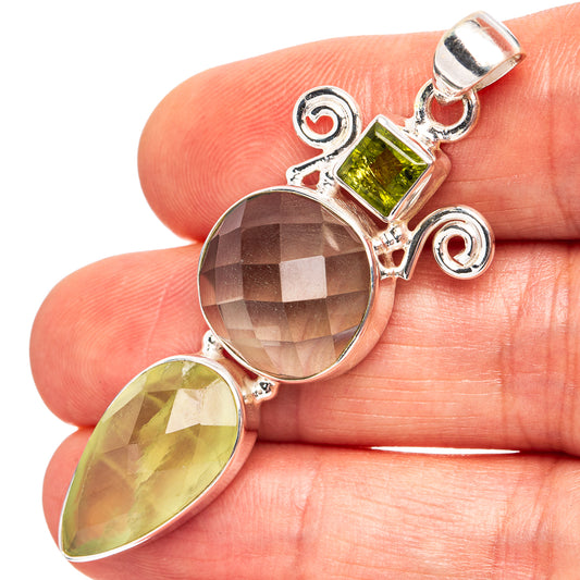 925 sterling silver pendant with round smoky stone, green teardrop and rectangular accents