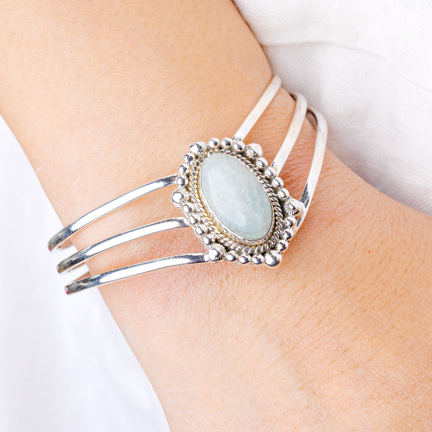 Blue Lace Agate Cuff Bracelet Adjustable (925 Sterling Silver) B90418