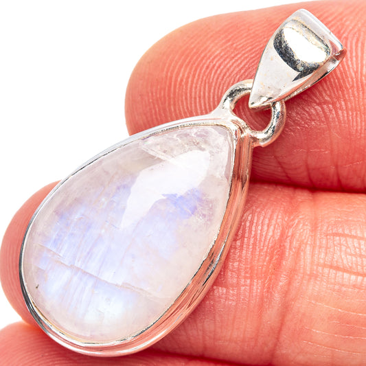 Sterling silver moonstone teardrop pendant with open bail and iridescent rainbow sheen