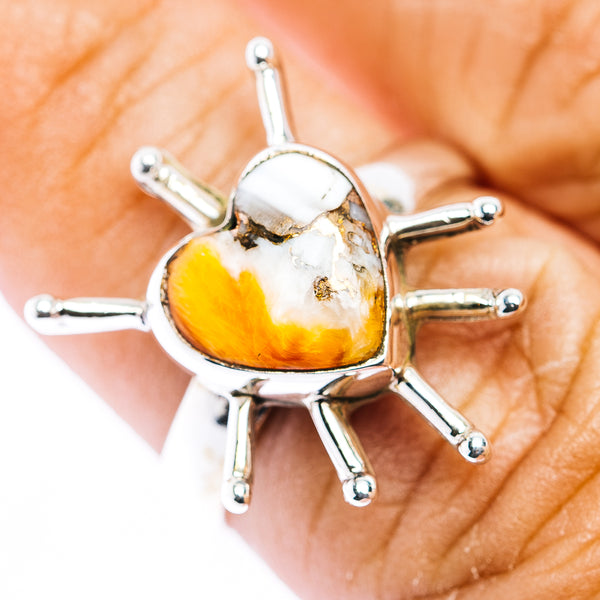 Southwestern Style Spiny Oyster Turquoise Heart Ring Size 7 Adjustable (.925 Sterling Silver)