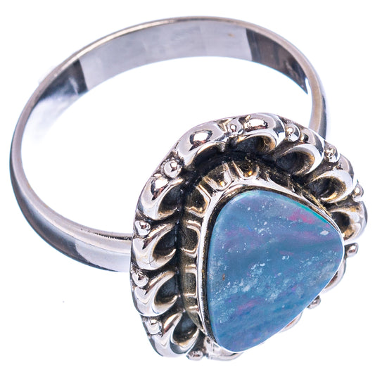 Heart opal doublet ring with blue stone, ornate .925 sterling silver prong setting