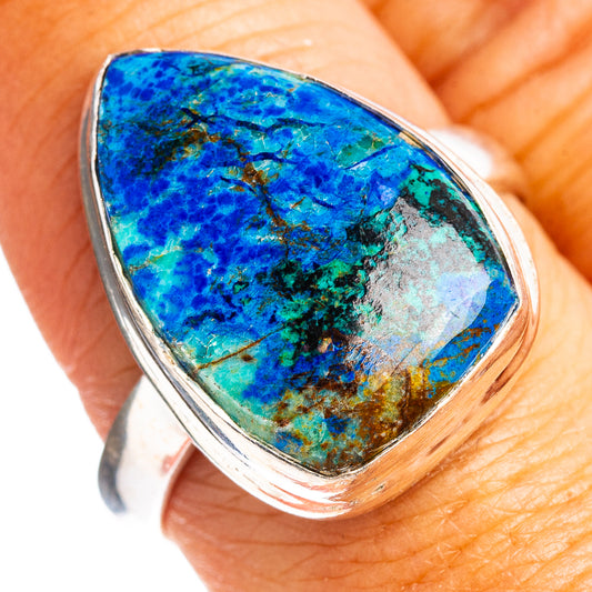 Sterling silver ring with oval blue-green azurite gemstone bezel setting
