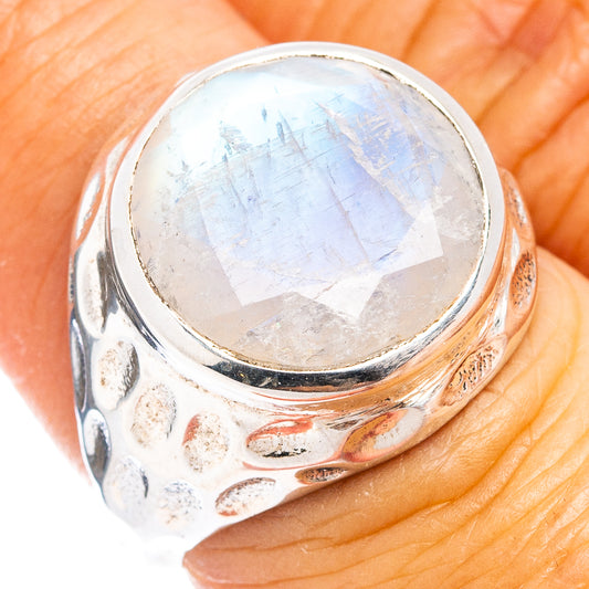 Sterling silver moonstone ring with round white cabochon and textured band