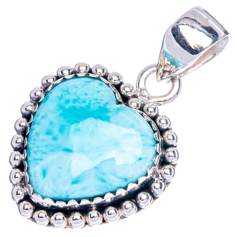 Sterling silver heart pendant with light blue larimar stone, beaded frame and loop bail