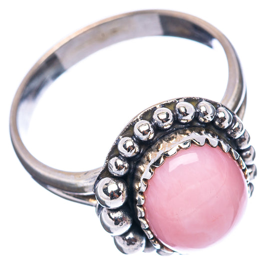 Sterling silver pink opal ring, round pink cabochon with beaded halo on band