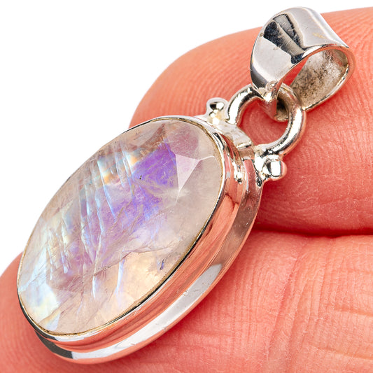 Oval faceted rainbow moonstone pendant, .925 sterling silver bezel and bail