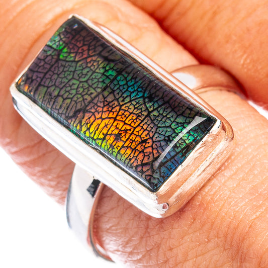 Sterling silver rectangular opal-style ring with rainbow cracked glass inlay
