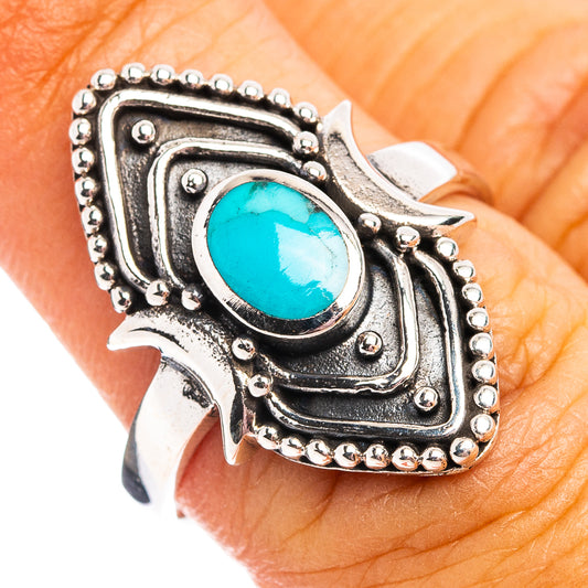 Native Style turquoise oval ring in .925 sterling silver, ornate shield setting