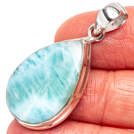 Teardrop larimar pendant in .925 sterling silver, light-blue stone bezel setting.