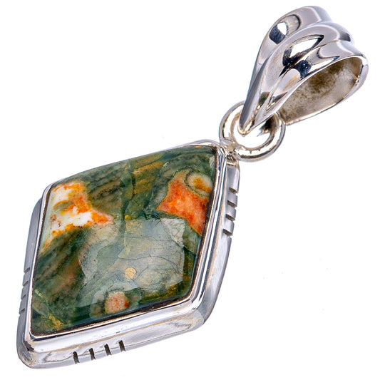 Rhyolite pendant with polished .925 sterling silver bail and square green-orange stone.