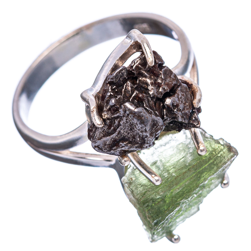 Sterling silver prong-set ring with green rough stone and dark textured stone, side view