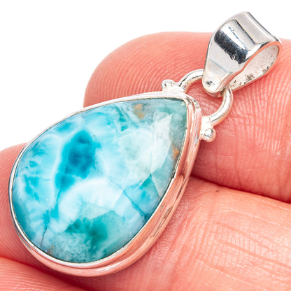 Turquoise larimar teardrop pendant in 925 sterling silver bezel with loop bail