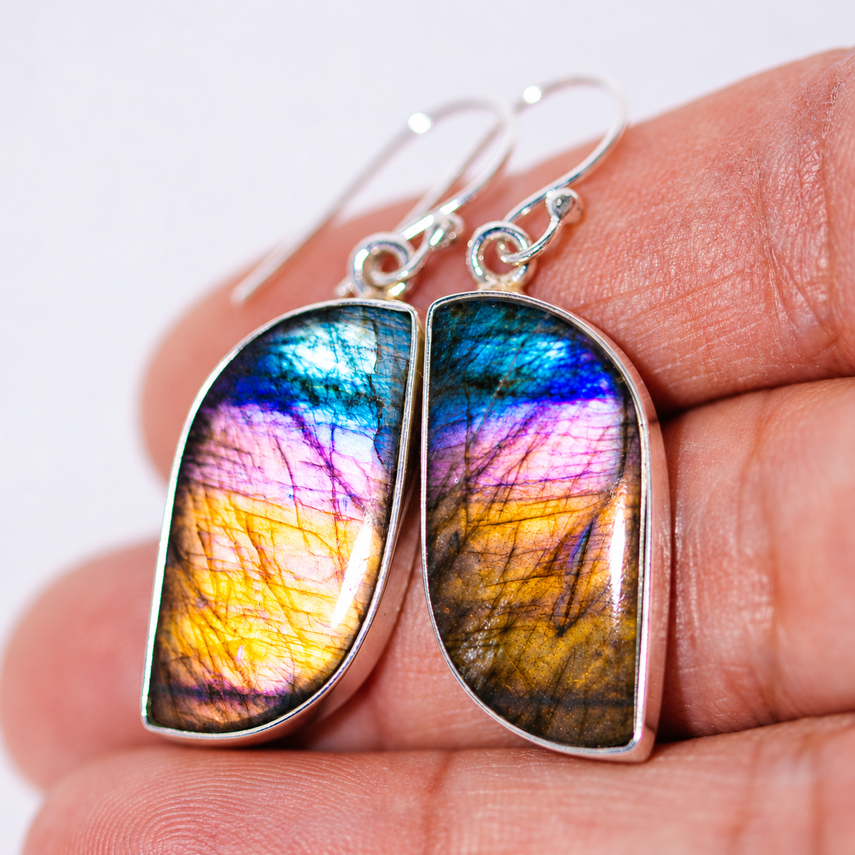 925 sterling silver drop earrings with colorful iridescent teardrop cabochons