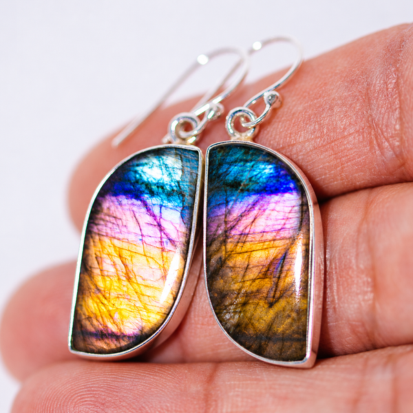 Premium Spectrolite Earrings 1 3/4" (.925 Sterling Silver)