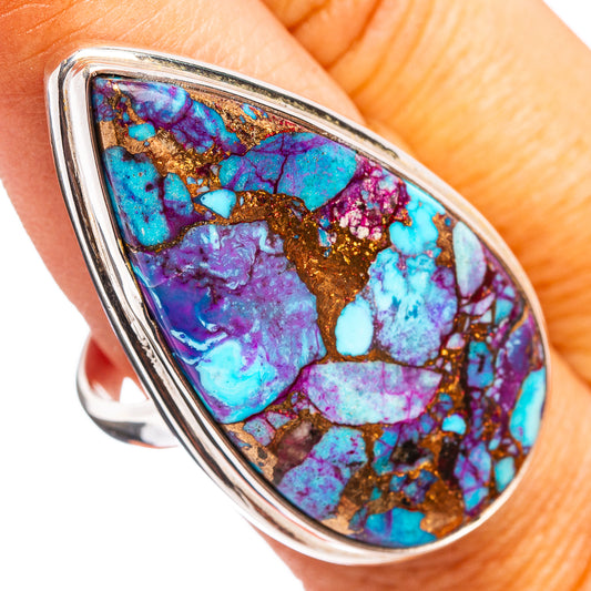 Oval sterling silver ring with purple, blue and turquoise marbled gemstone bezel, size 8.25