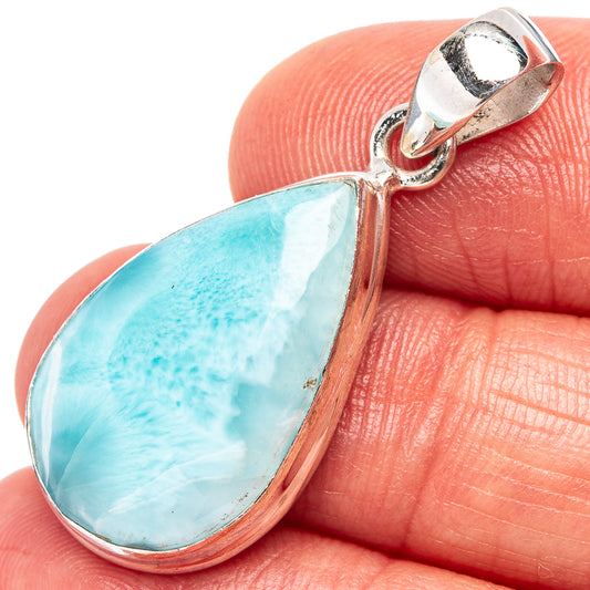 Larimar teardrop pendant in .925 sterling silver bezel with hinged bail, blue stone cabochon