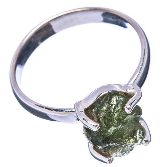 Sterling silver moldavite ring (size 6) with dark green rough gem and open prong band