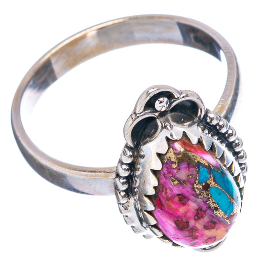 Oval magenta and turquoise gemstone sterling silver ring, size 7.75