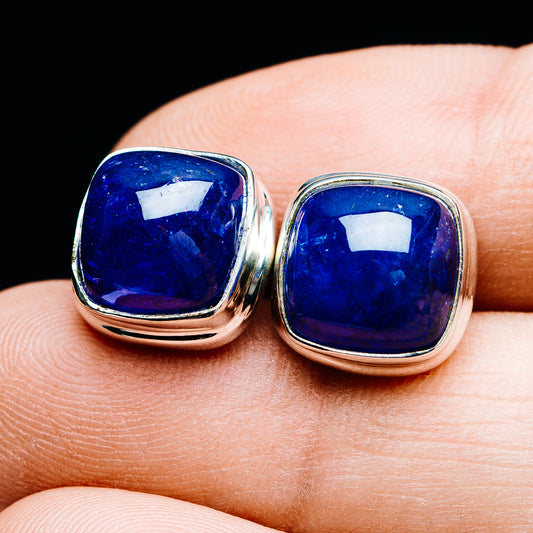 Square tanzanite blue gemstone stud earrings in .925 sterling silver bezel