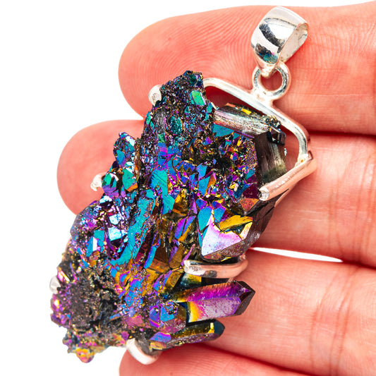 Sterling silver aura quartz pendant with rainbow iridescent druzy crystal and top bail