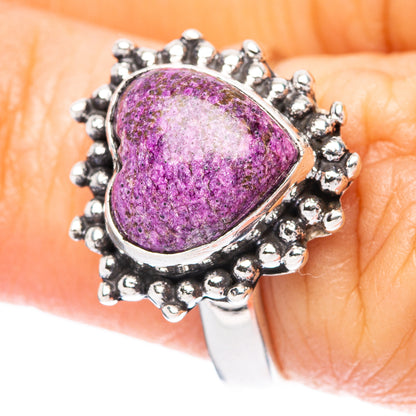 Heart-shaped purple gemstone sterling silver ring, textured beaded rim and bezel