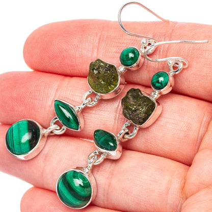 Premium Malachite, Chrome Diopside Earrings 2 1/4" (925 Sterling Silver) E1242