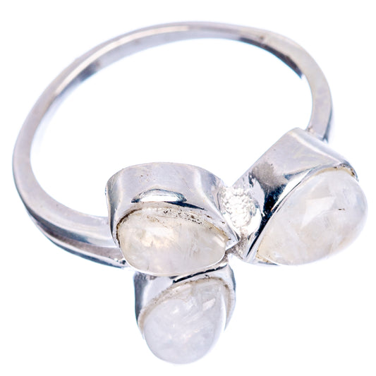 Front view .925 sterling silver ring with three teardrop moonstone cabochons, slim band