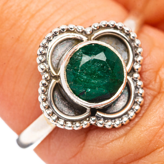 Green sillimanite sterling silver ring, round bezel with beaded edge and openwork halo