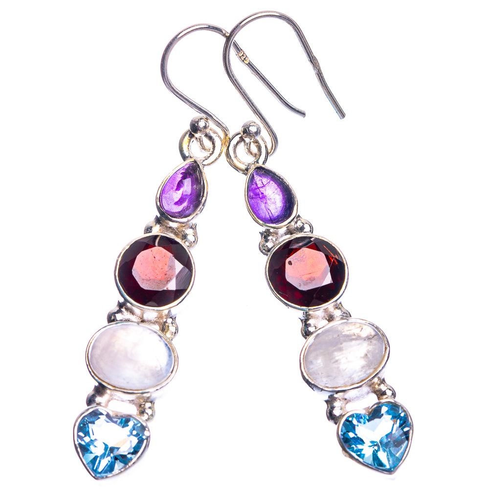 Rainbow Moonstone, Garnet, Blue Topaz, Amethyst 925 Sterling Silver Earrings 2"