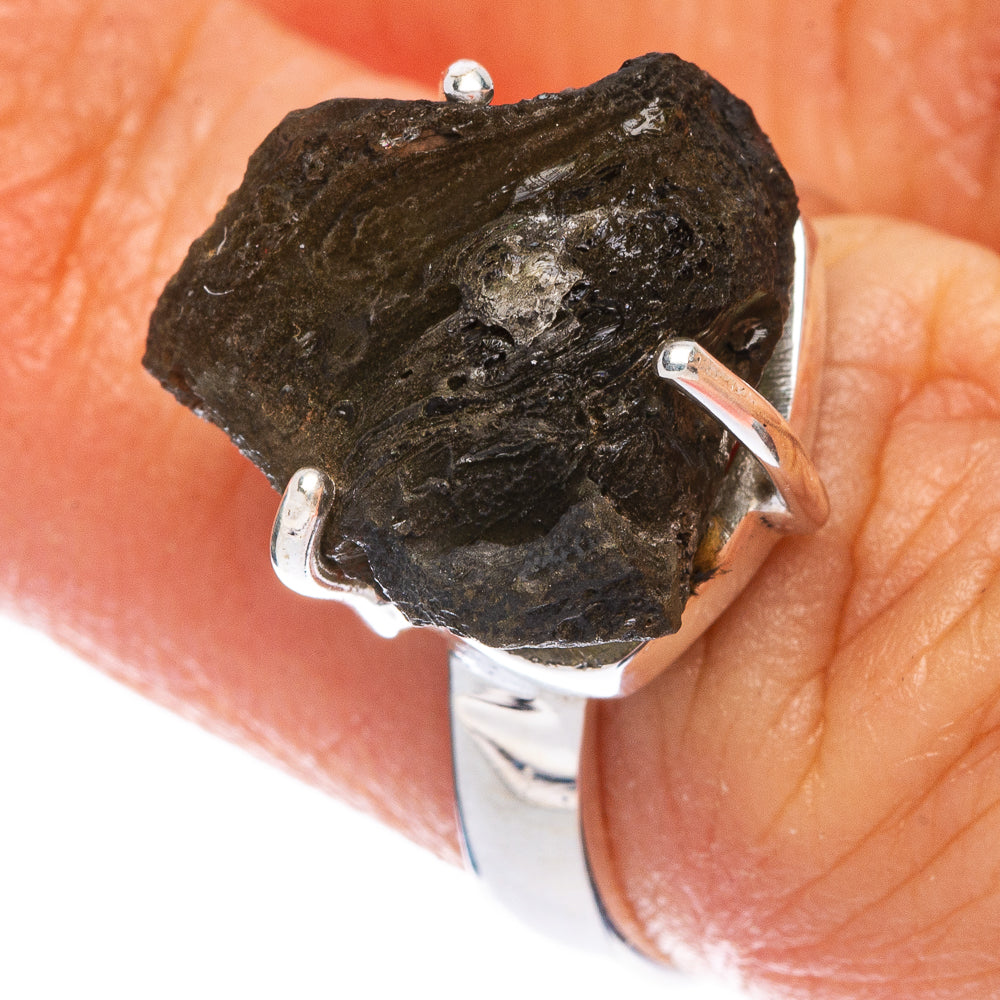 Sterling silver moldavite ring with dark rough green stone and three prongs