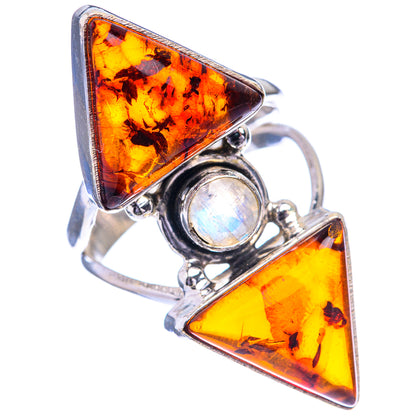 Large Baltic Amber, Rainbow Moonstone Ring Size 7 (925 Sterling Silver) R142724