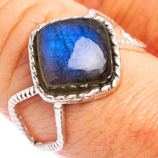 Sterling silver labradorite ring with square blue flash gemstone on detailed band