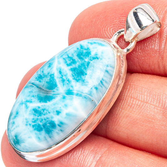 Close-up oval blue larimar pendant in .925 sterling silver with bail loop