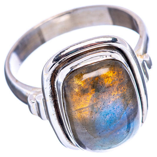 Labradorite oval ring, .925 sterling silver band with blue and gold iridescence bezel