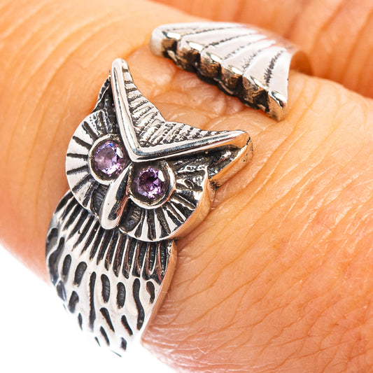 Sterling silver owl dainty ring with two amethyst purple stones on side setting