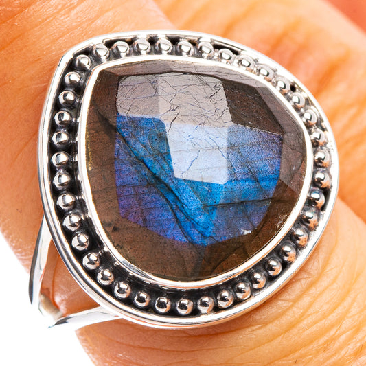 Oval labradorite ring in .925 sterling silver, blue flash stone with beaded bezel
