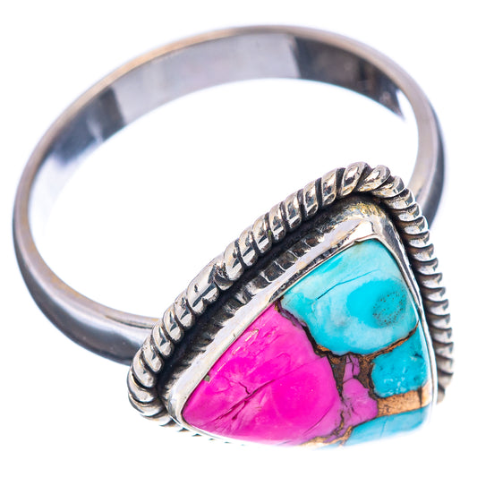 Sterling silver oval stone ring with turquoise and magenta inlay, size 7.75