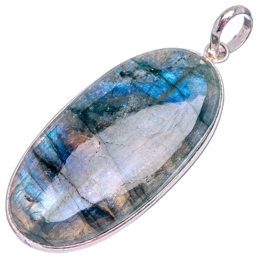 Oval labradorite pendant with silver-plated frame and loop bail, blue and gray stone